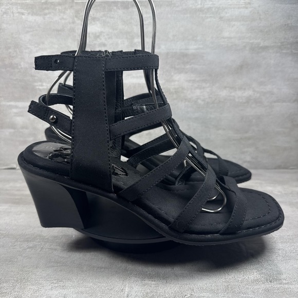 Donald J Pliner Wedge Sandals Womens Size 9.5 Black Gladiator Strappy Square Toe - Picture 1 of 9
